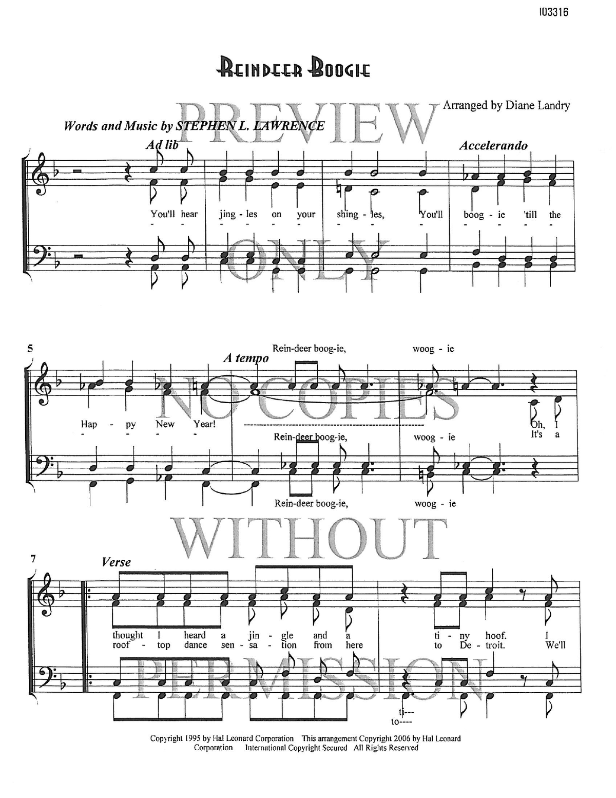 Reindeer Boogie — sheet music preview, arranged by Diane Landry
