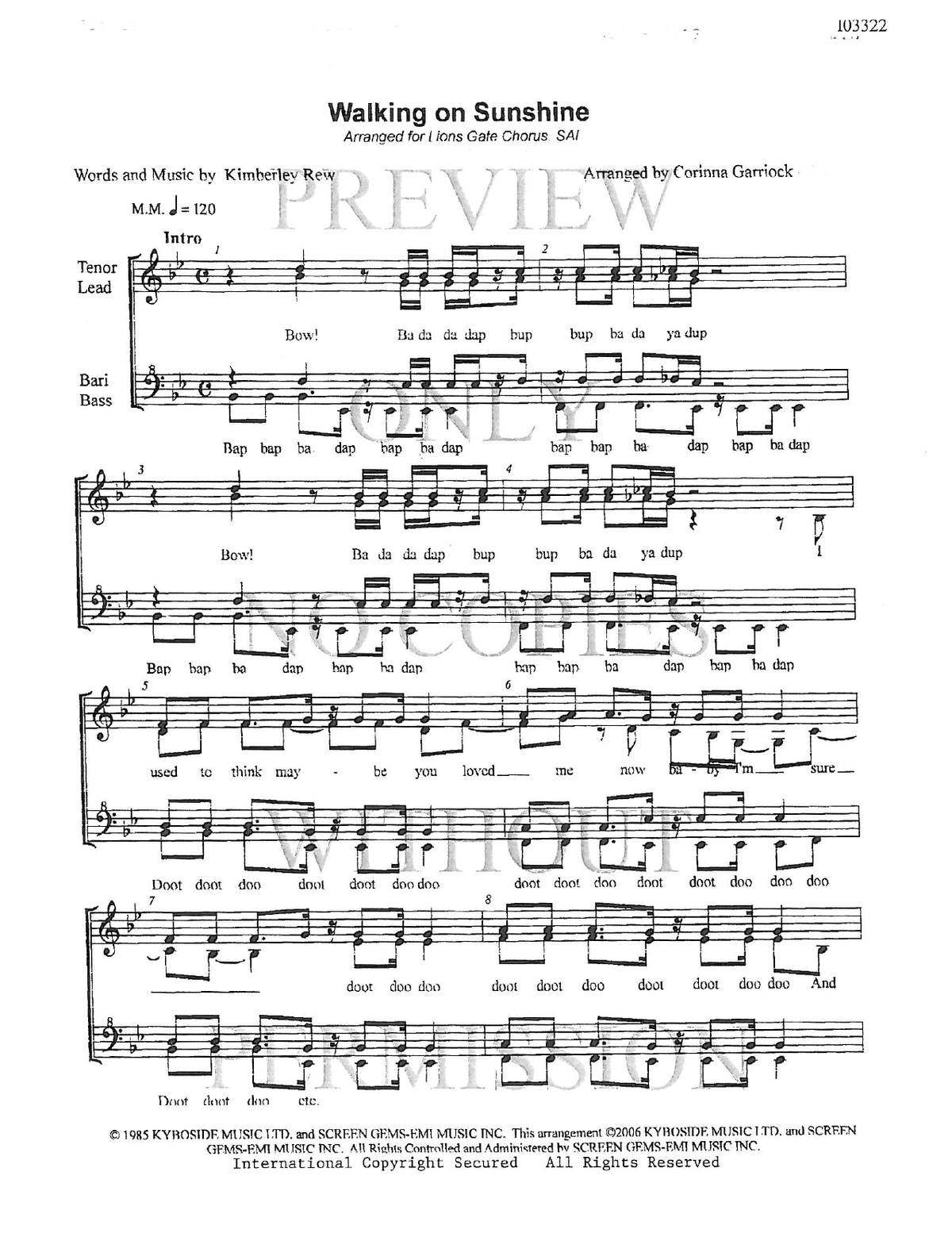 Walking On Sunshine — sheet music preview, arranged by Corinna Garriock