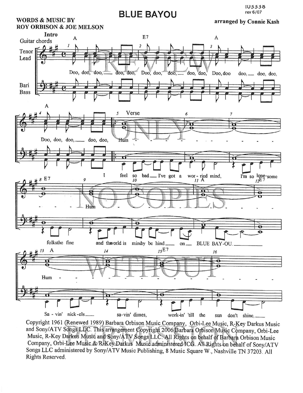Blue Bayou — sheet music preview, arranged by Connie Kash