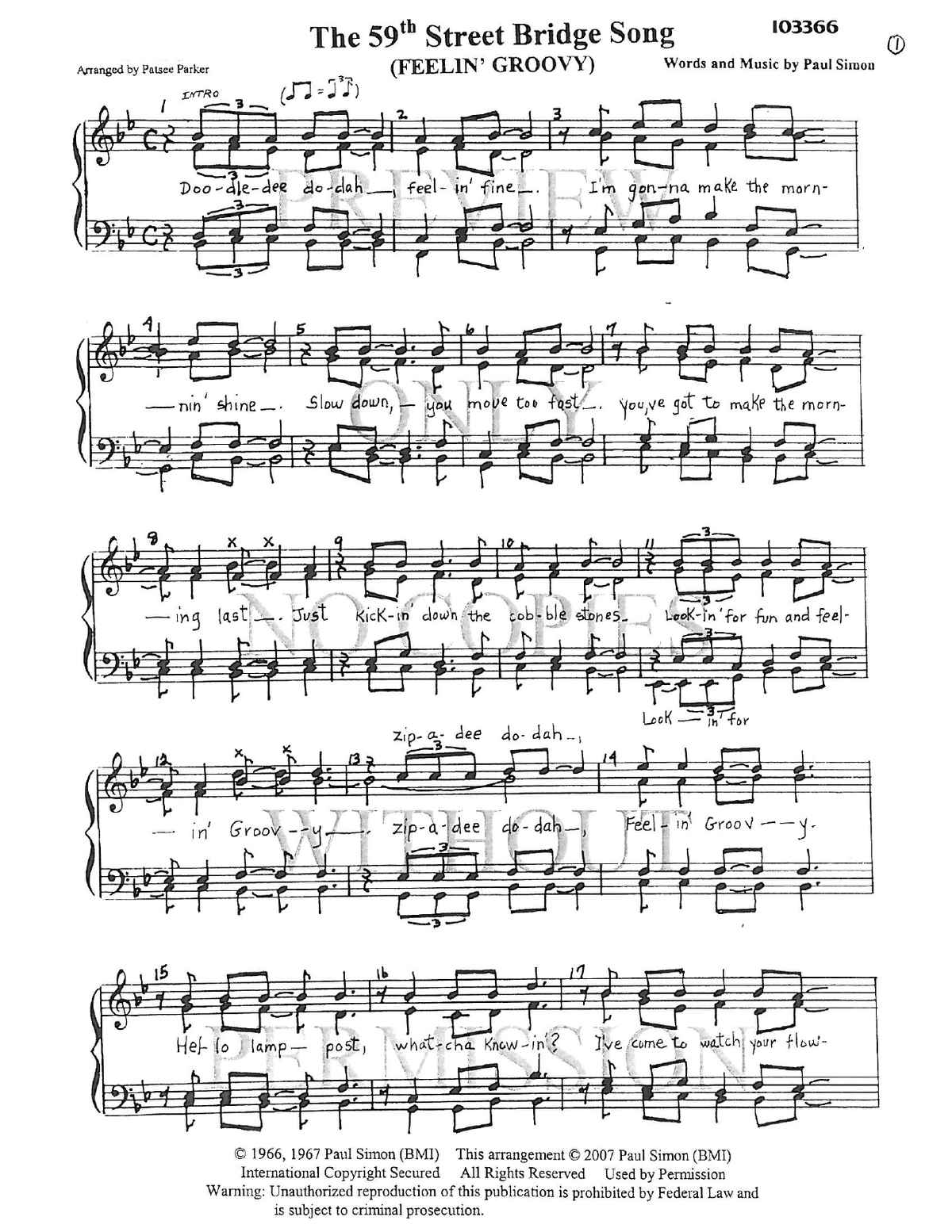 The 59Th Street Bridge Song (Feelin' Groovy) — sheet music preview, arranged by Patsee Parker