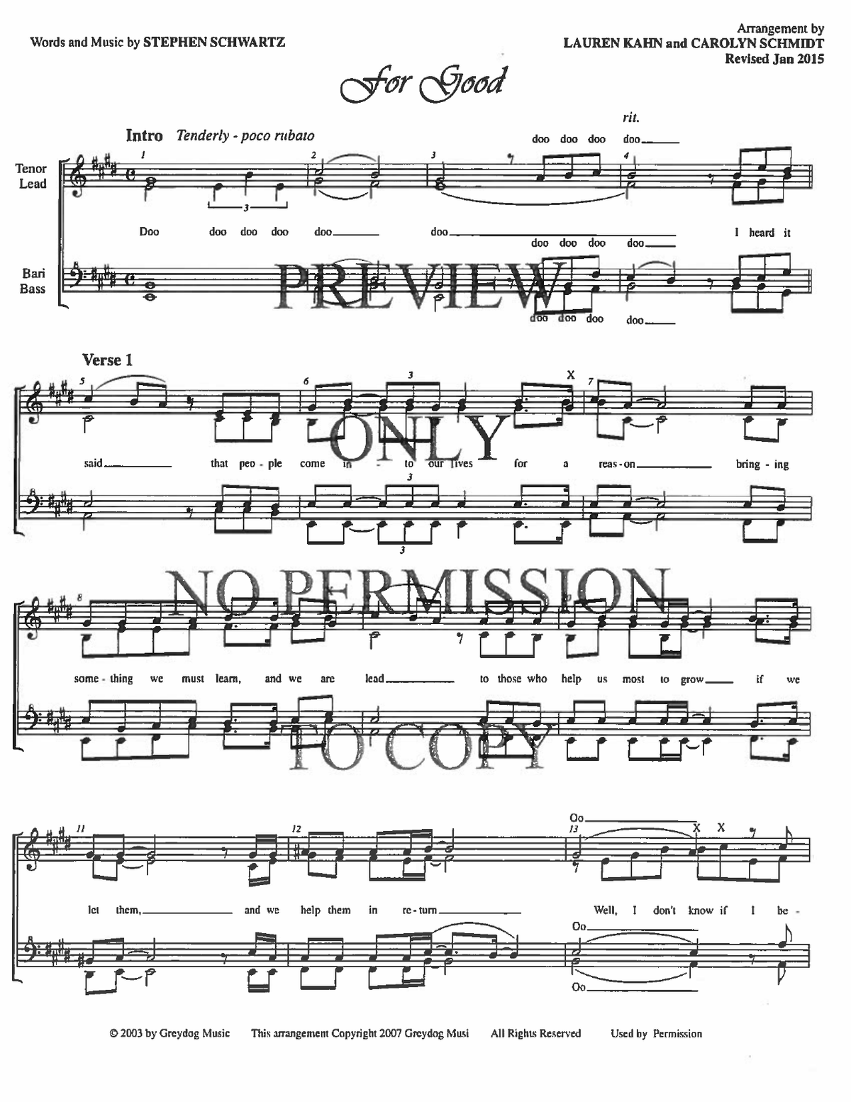 For Good — sheet music preview, arranged by Carolyn Schmidt
