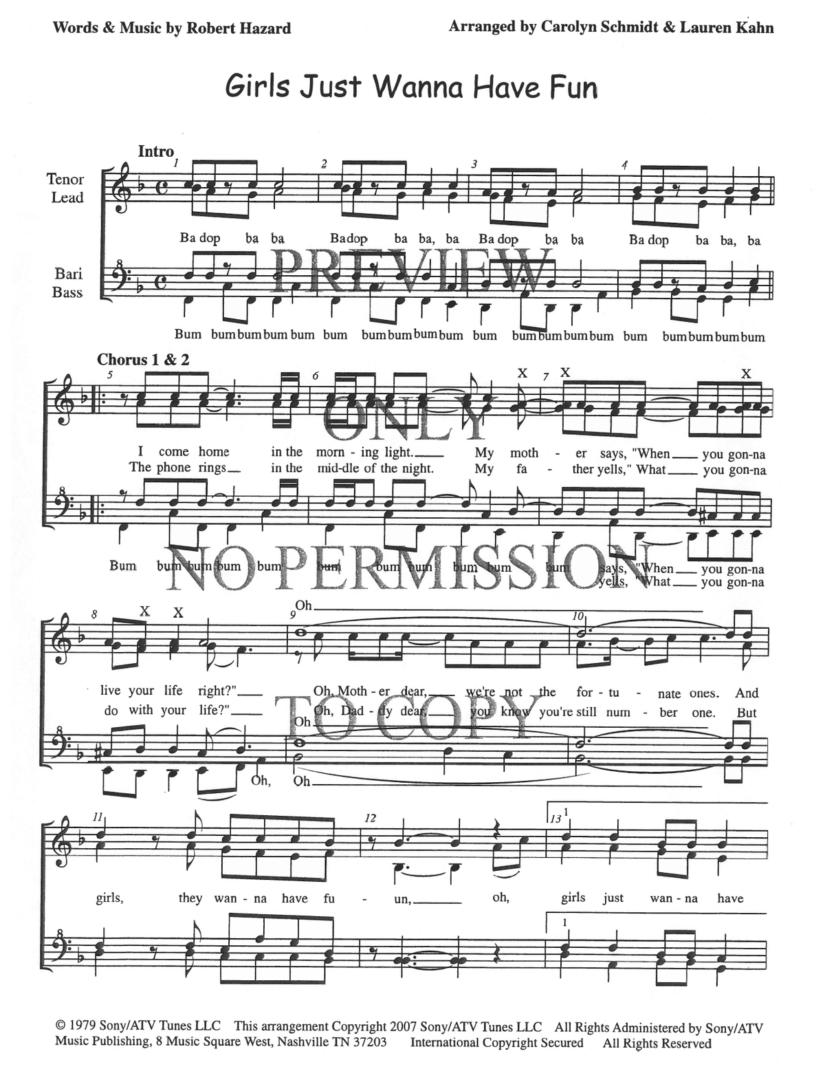 Girls Just Wanna Have Fun — sheet music preview, arranged by Carolyn Schmidt