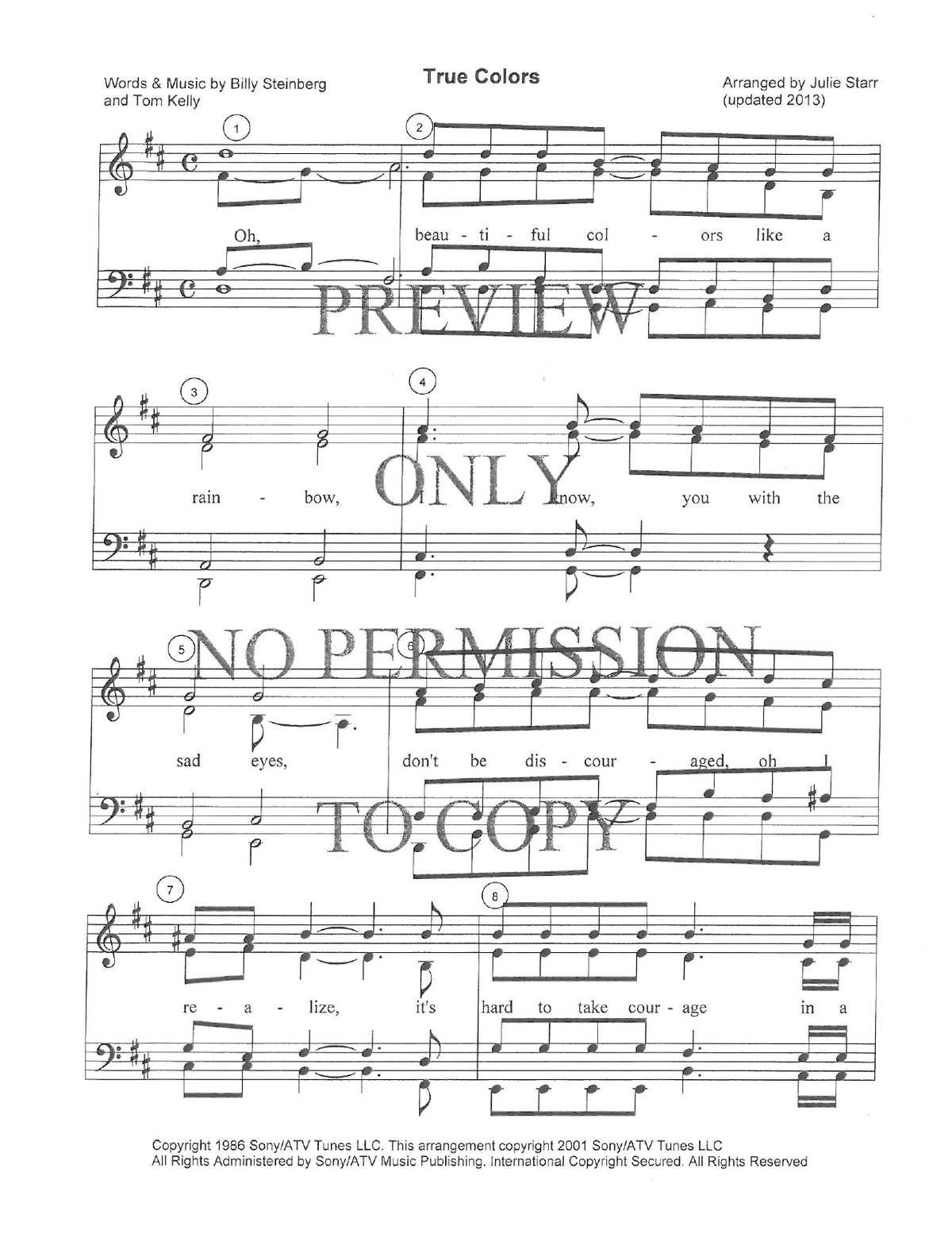 True Colors — sheet music preview, arranged by Julie Starr
