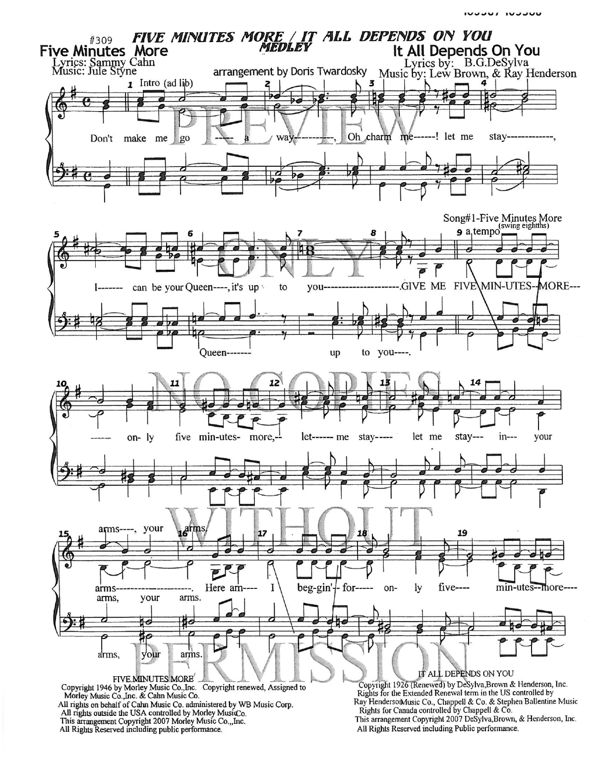 309 Medley - Five Minutes More — sheet music preview, arranged by Doris Twardosky