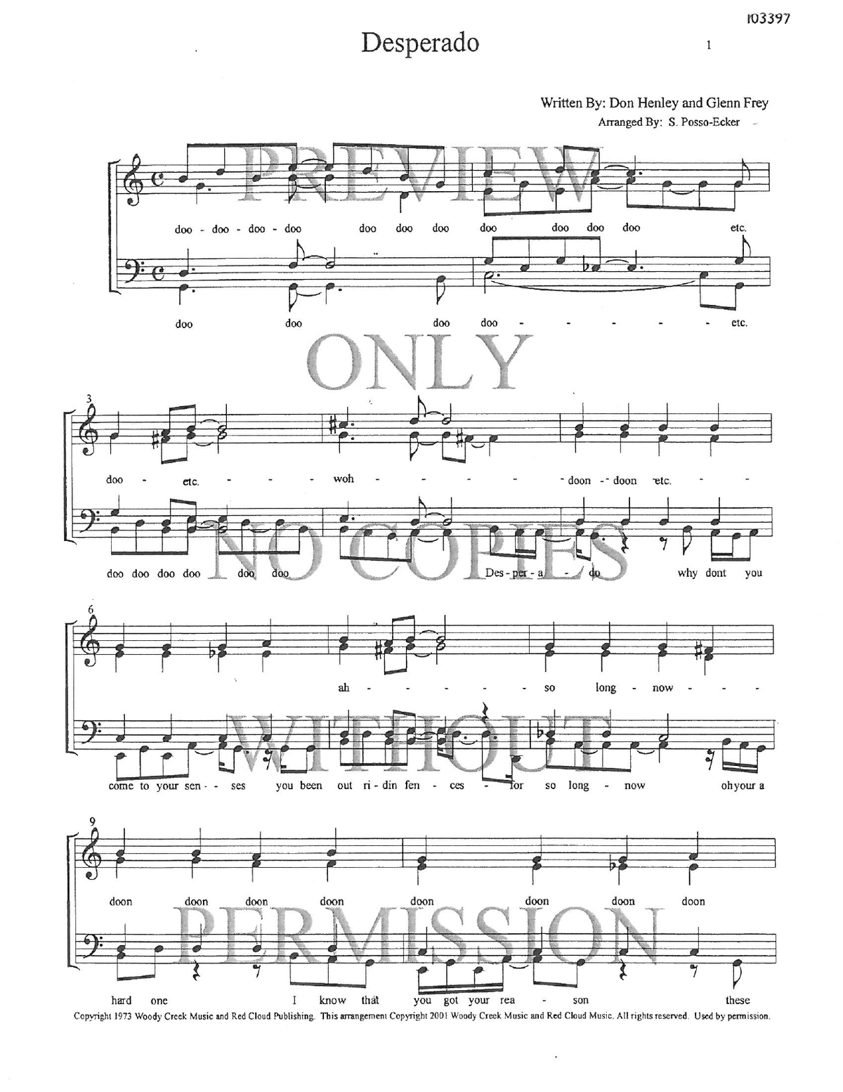 Desperado — sheet music preview, arranged by Sylvia Posso
