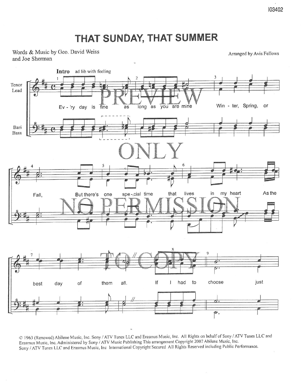 That Sunday, That Summer — sheet music preview, arranged by Avis Fellows