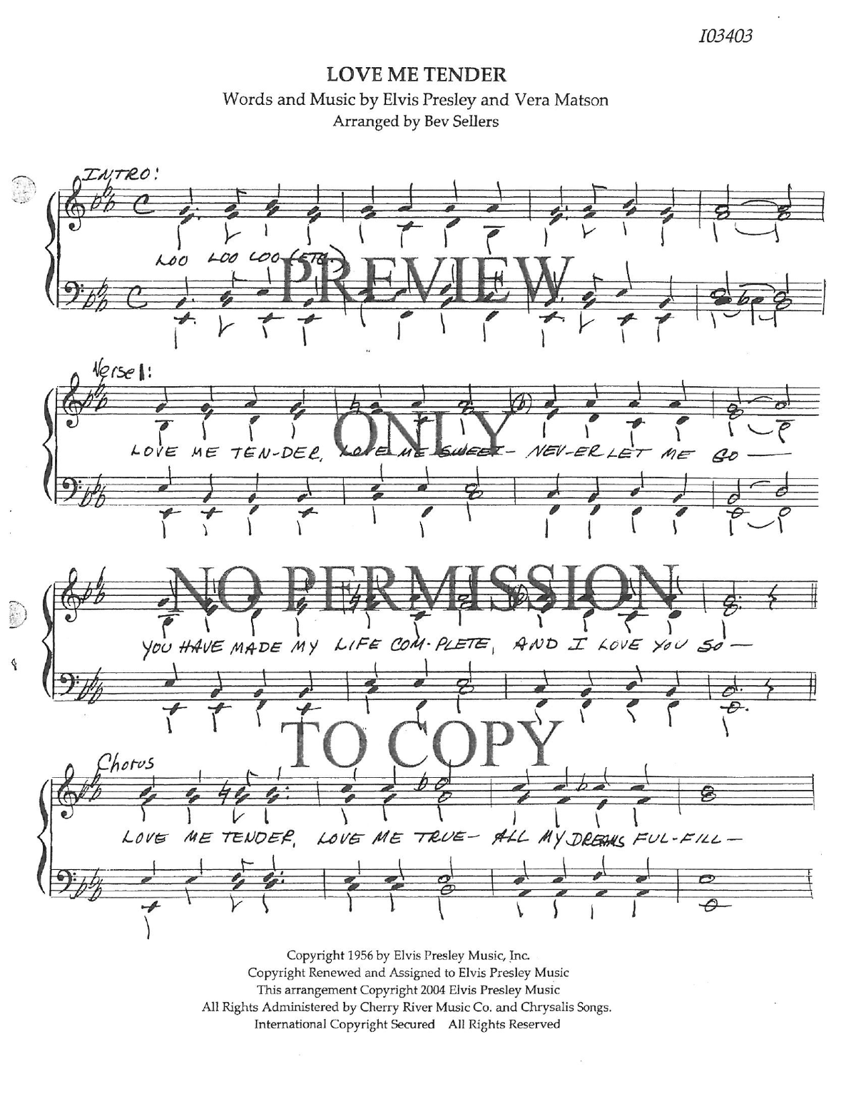 Love Me Tender — sheet music preview, arranged by Bev Sellers