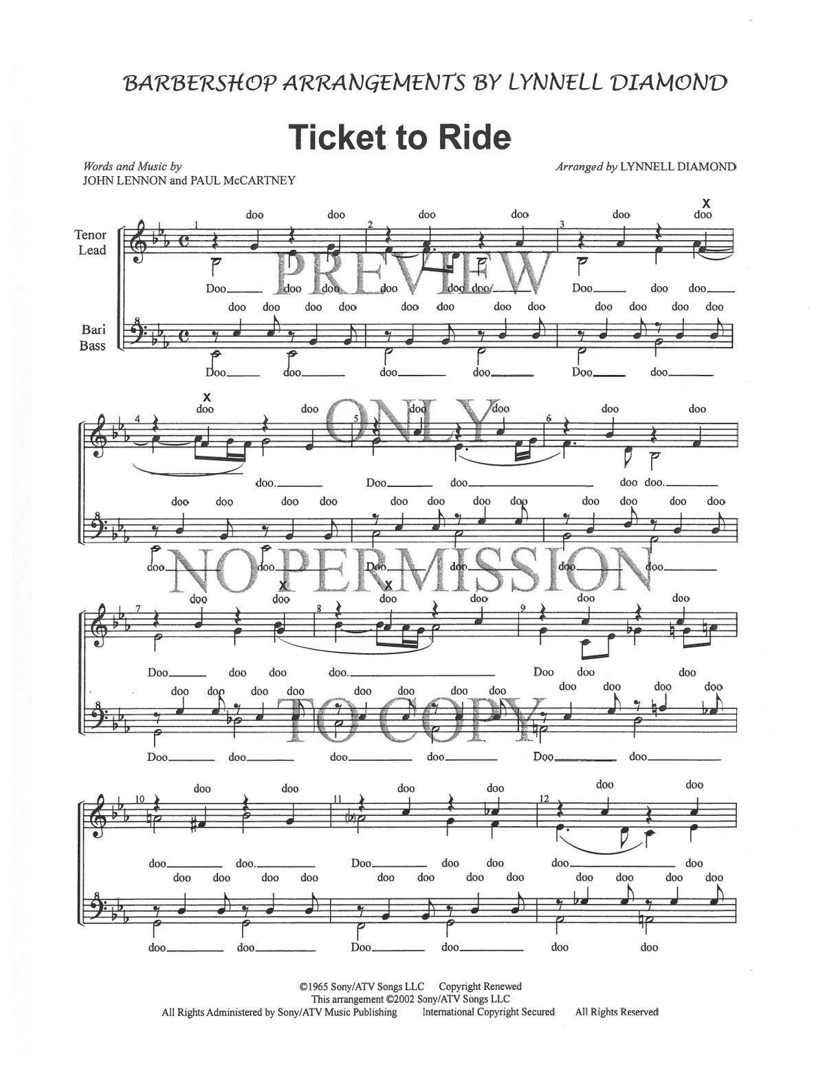 Ticket To Ride — sheet music preview, arranged by Lynnell Diamond