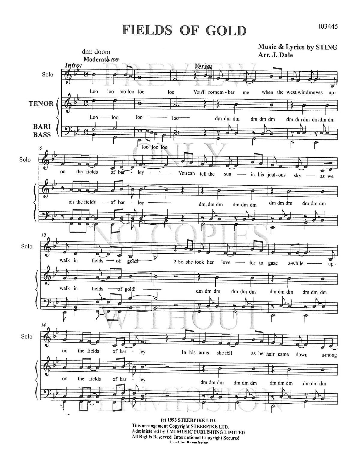 Fields Of Gold — sheet music preview, arranged by June Dale