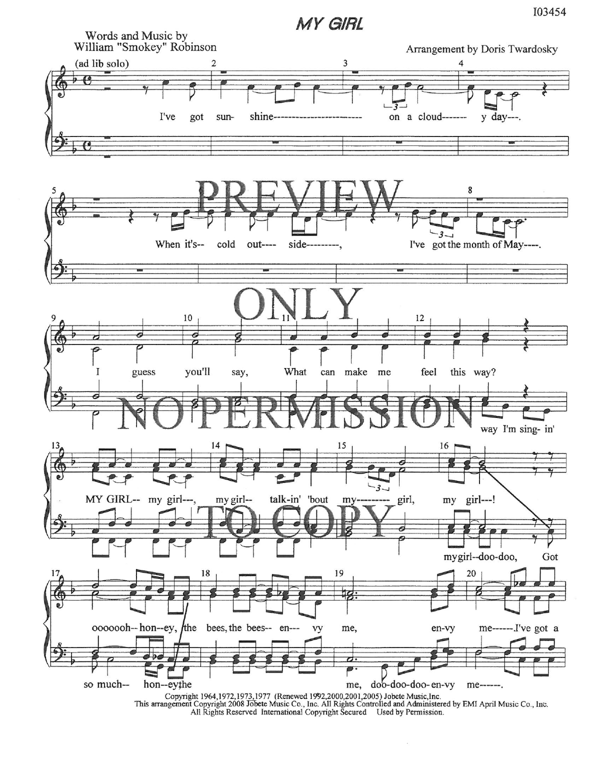 My Girl — sheet music preview, arranged by Doris Twardosky