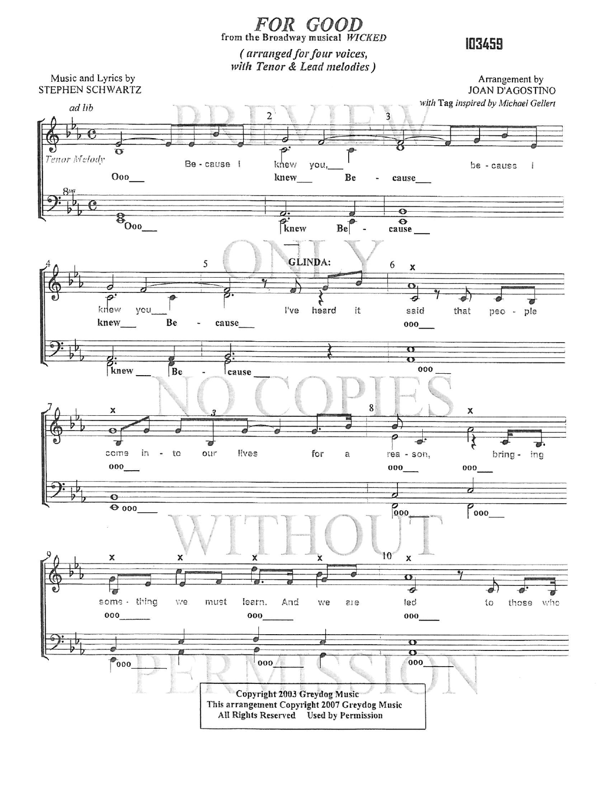 For Good — sheet music preview, arranged by Joan D 'Agostino