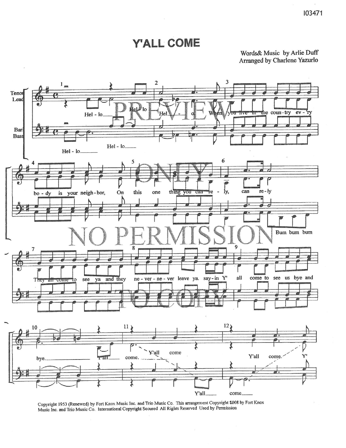 Y'All Come — sheet music preview, arranged by Charlene Yazurlo