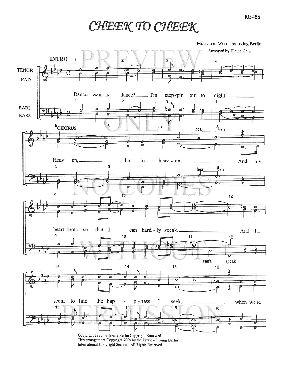 Cheek To Cheek — sheet music preview, arranged by Elaine Gain