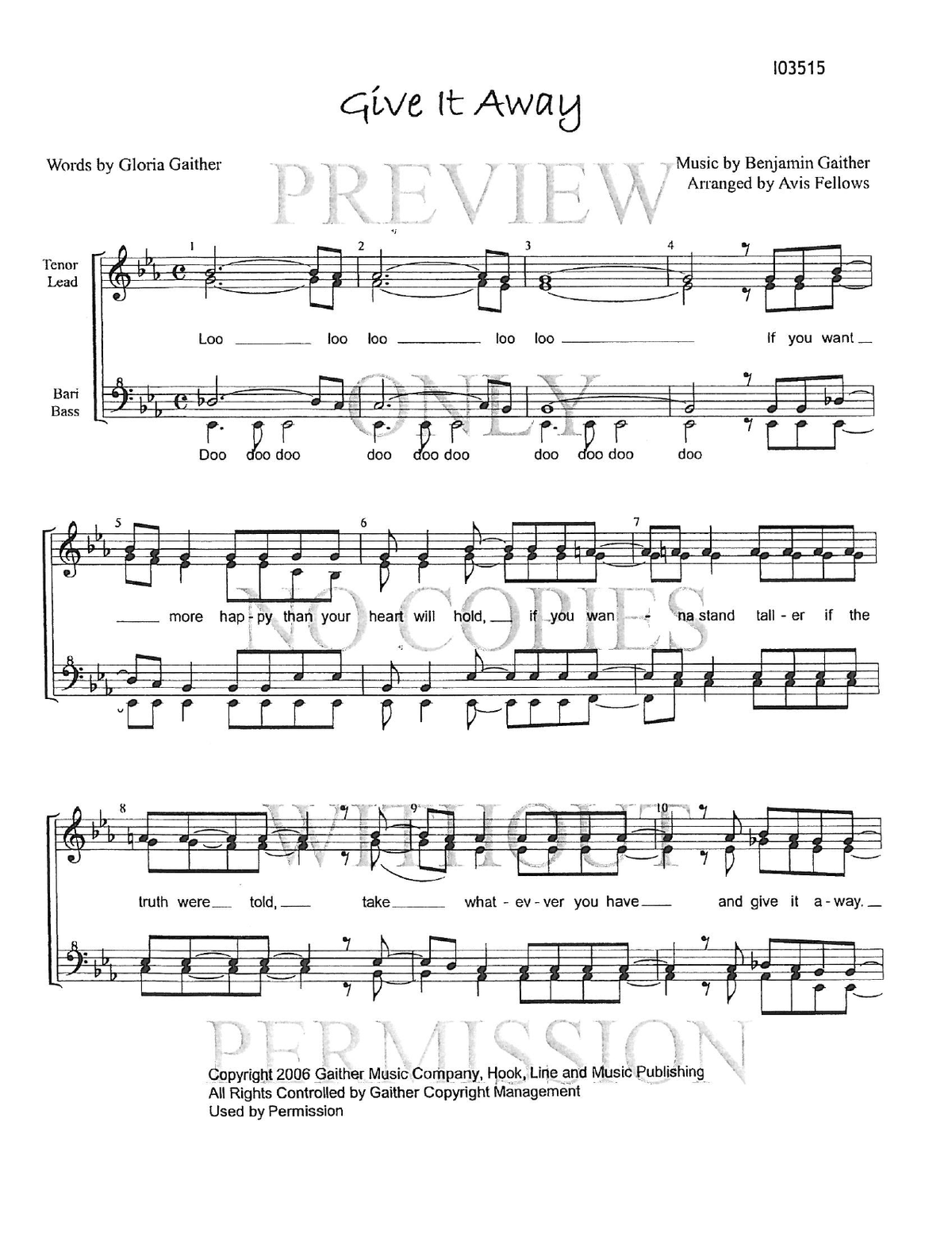 Give It Away — sheet music preview, arranged by Avis Fellows