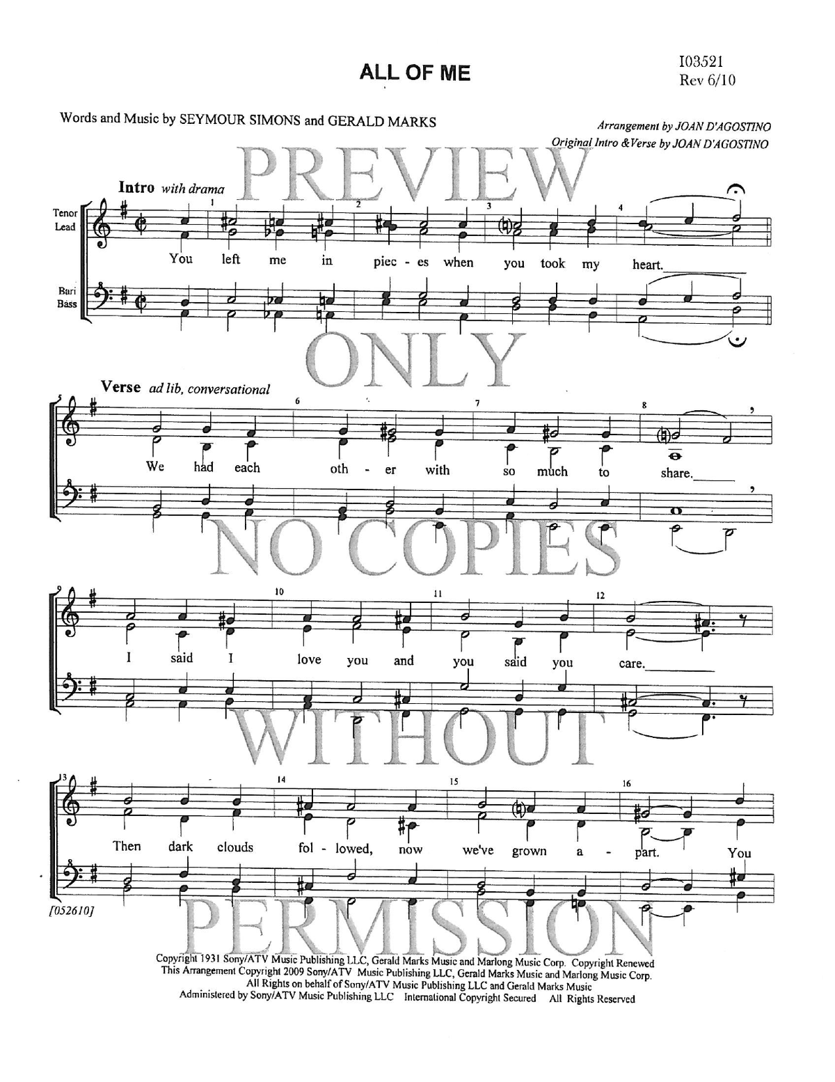 All Of Me — sheet music preview, arranged by Joan D 'Agostino