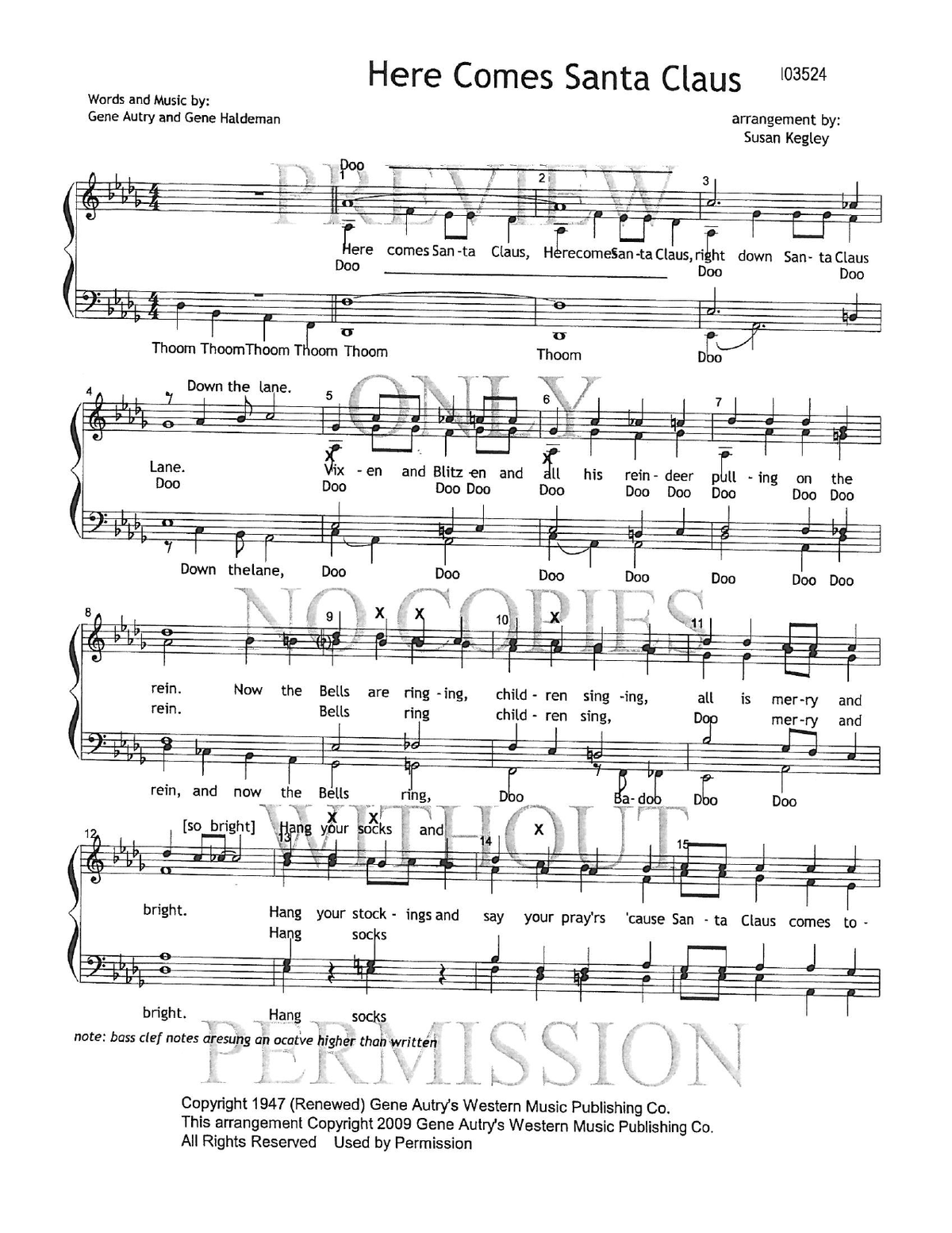Here Comes Santa Claus — sheet music preview, arranged by Susan Kegley