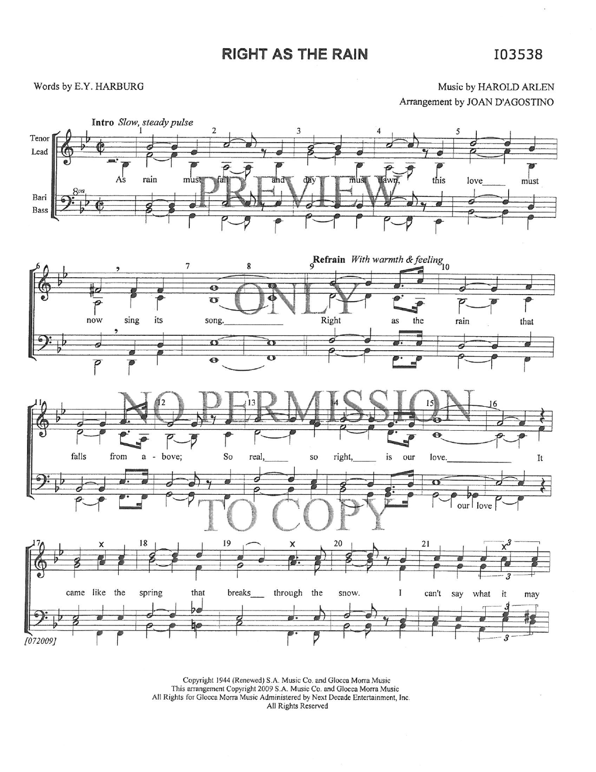 Right As The Rain — sheet music preview, arranged by Joan D 'Agostino