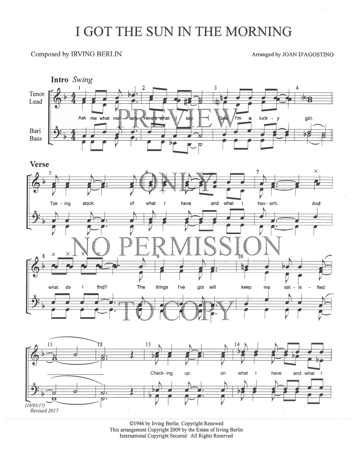 I Got The Sun In The Morning — sheet music preview, arranged by Joan D 'Agostino