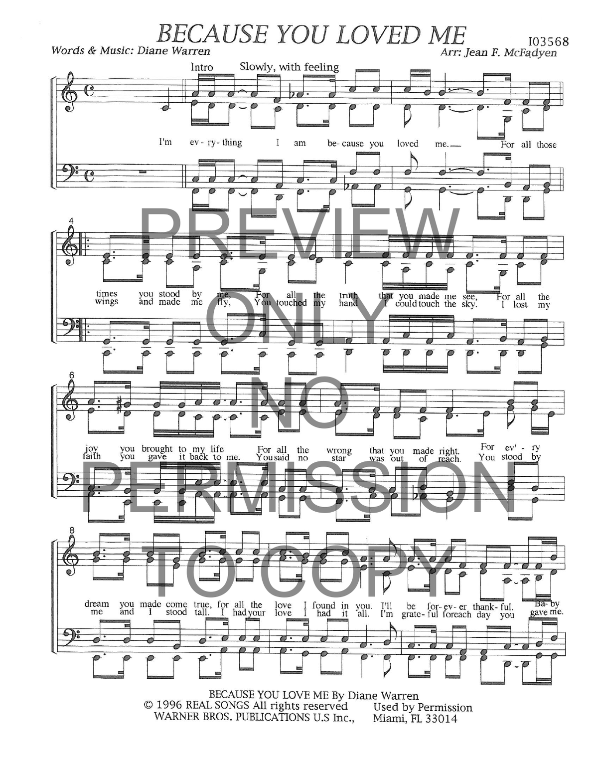 Because You Loved Me — sheet music preview, arranged by Jean McFadyen