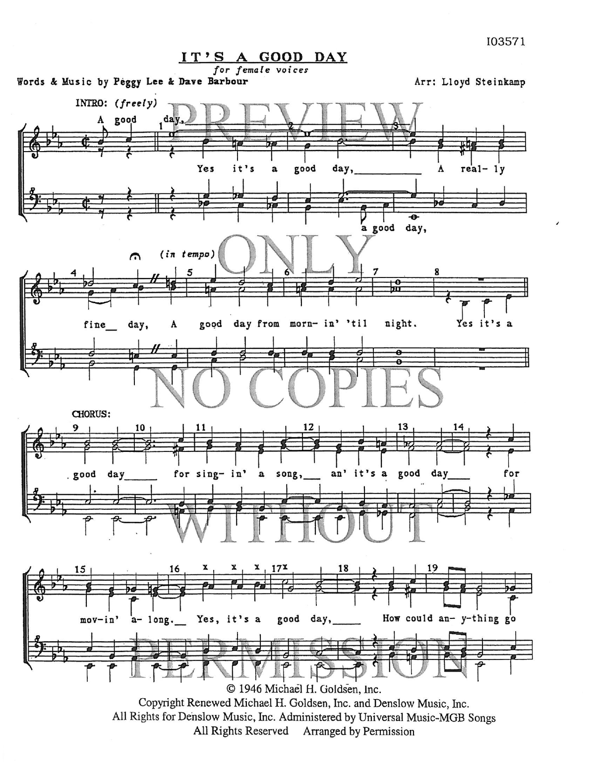 It's A Good Day — sheet music preview, arranged by Lloyd Steinkamp