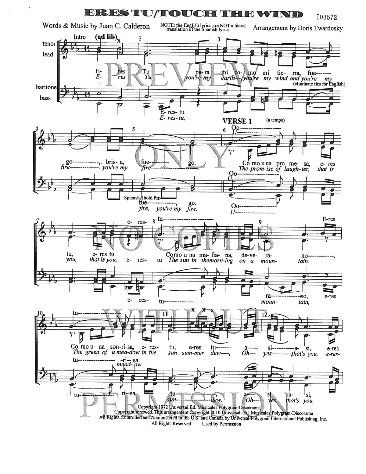 Eres Tu/Touch The Wind — sheet music preview, arranged by Doris Twardosky