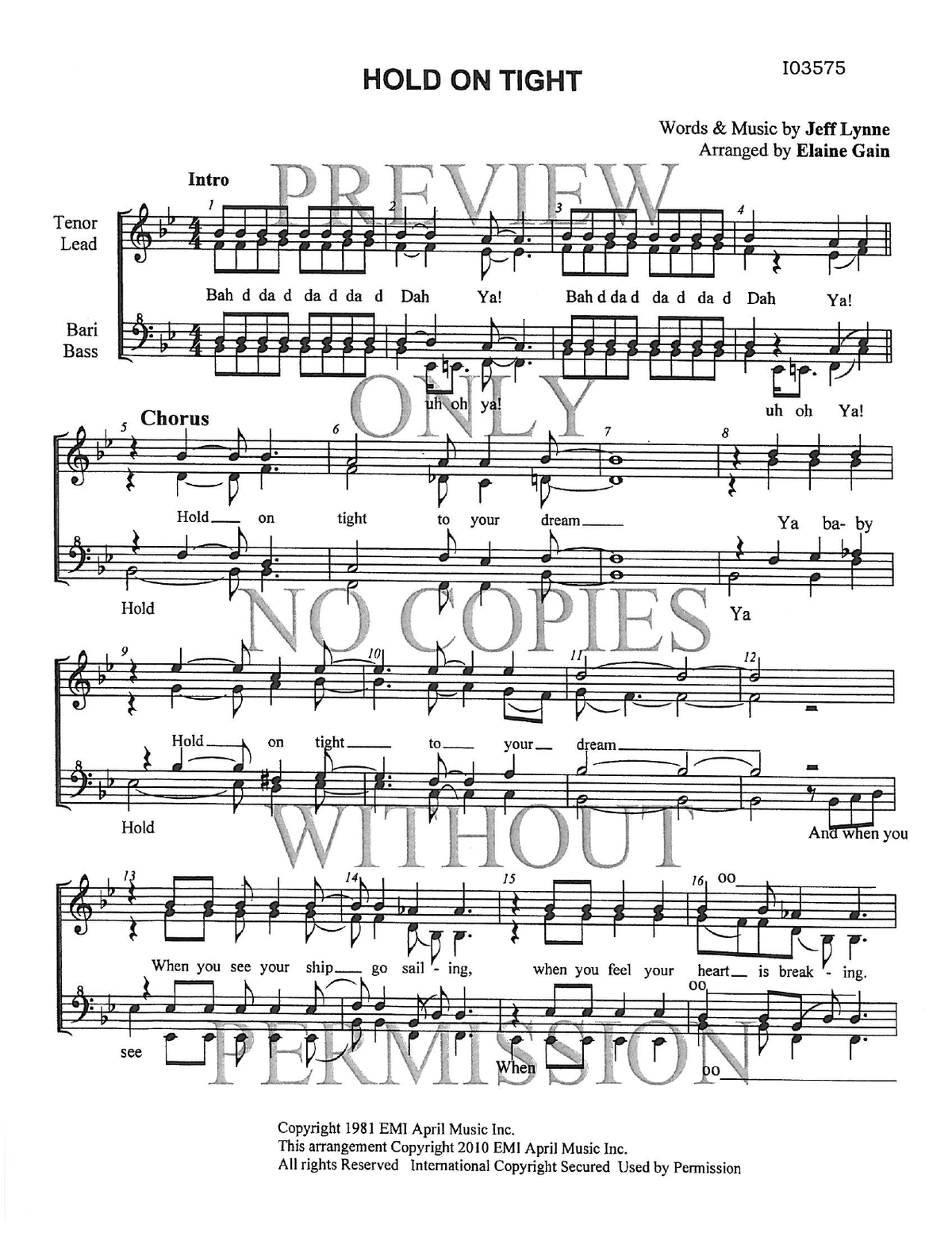 Hold On Tight — sheet music preview, arranged by Elaine Gain