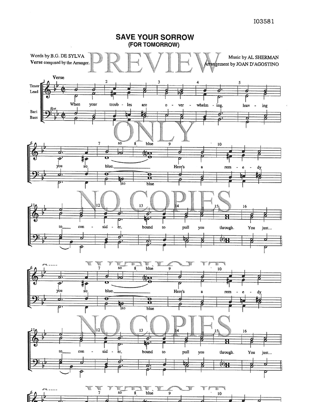 Save Your Sorrow — sheet music preview, arranged by Joan D 'Agostino