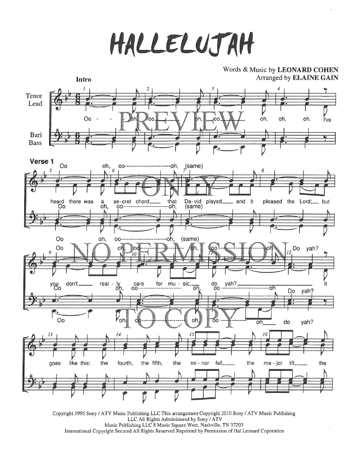 Hallelujah — sheet music preview, arranged by Elaine Gain