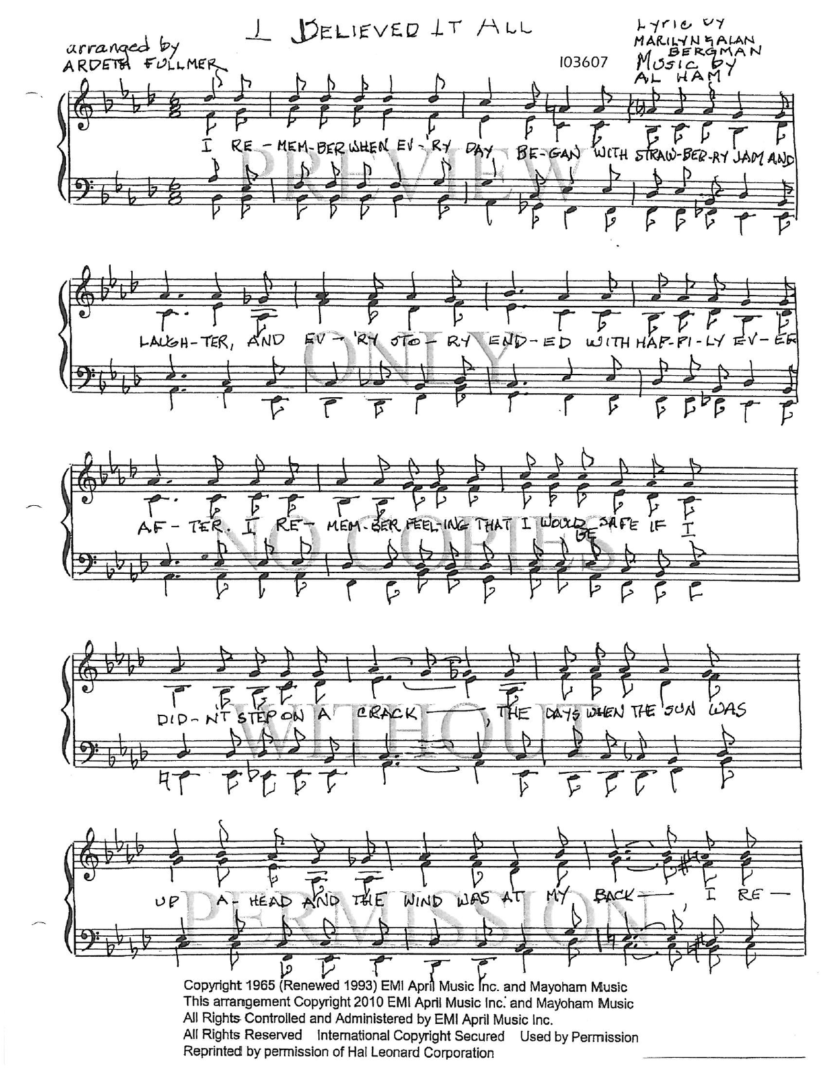I Believed It All — sheet music preview, arranged by Ardeth Fullmer