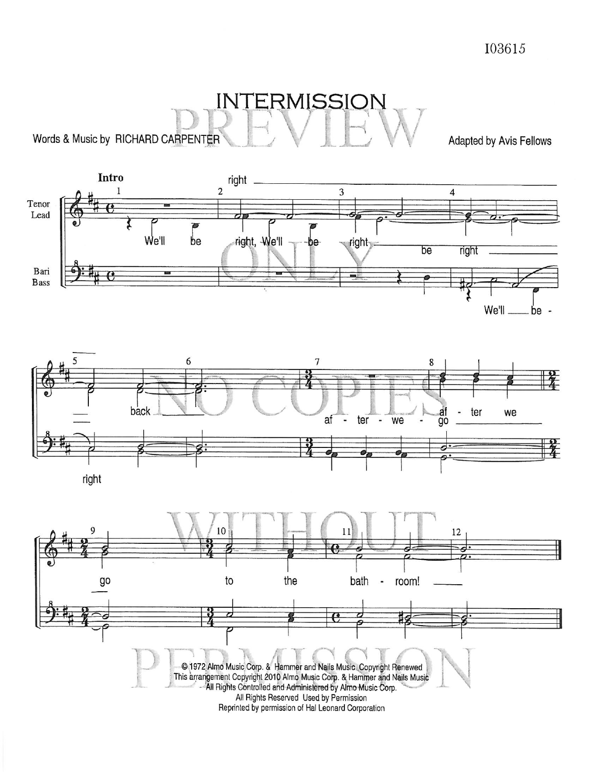 Intermission — sheet music preview, arranged by Avis Fellows