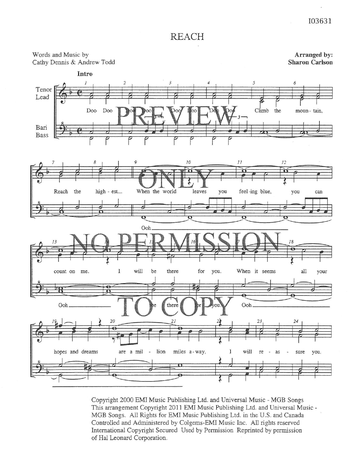 Reach — sheet music preview, arranged by Sharon Carlson