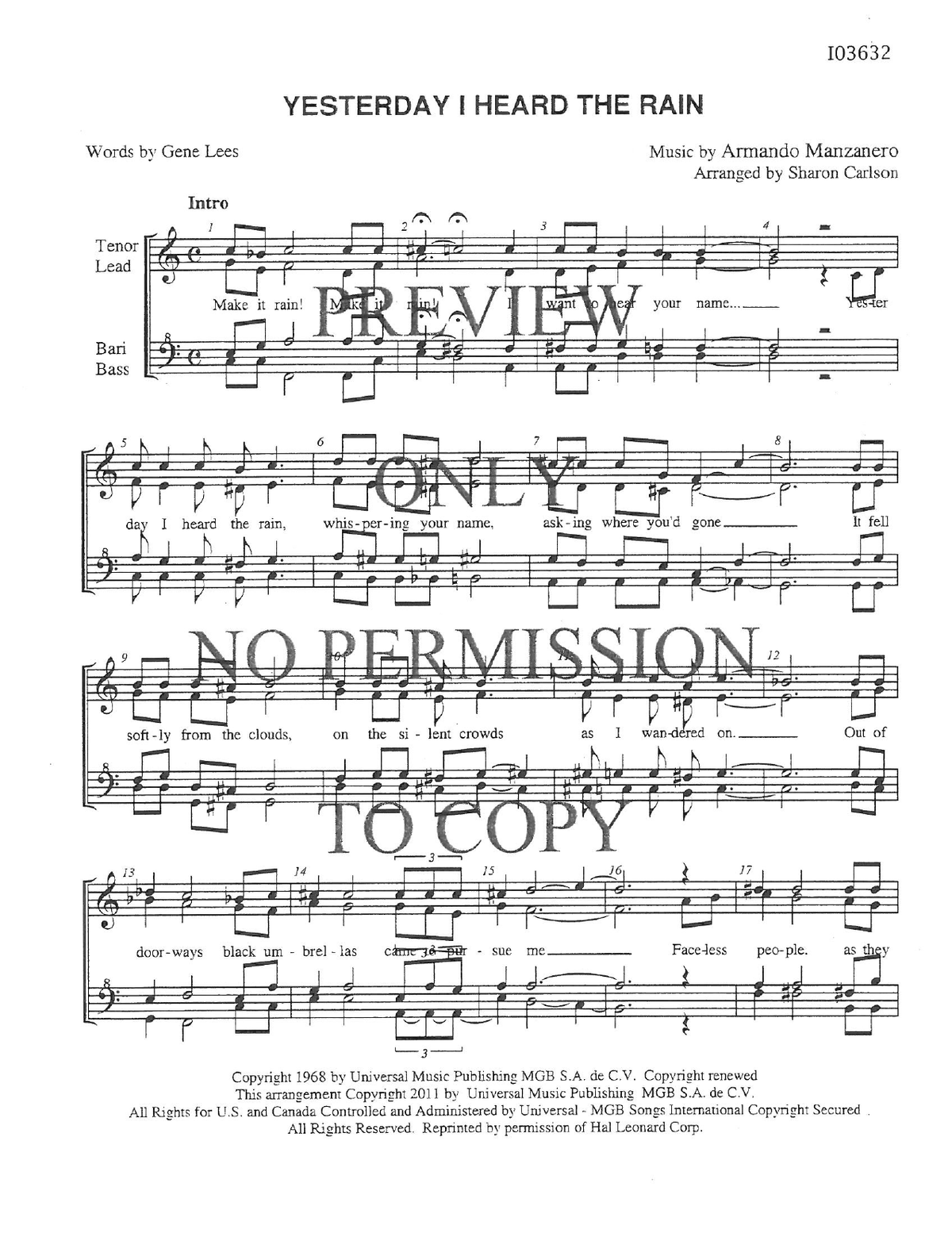 Yesterday I Heard The Rain — sheet music preview, arranged by Sharon Carlson