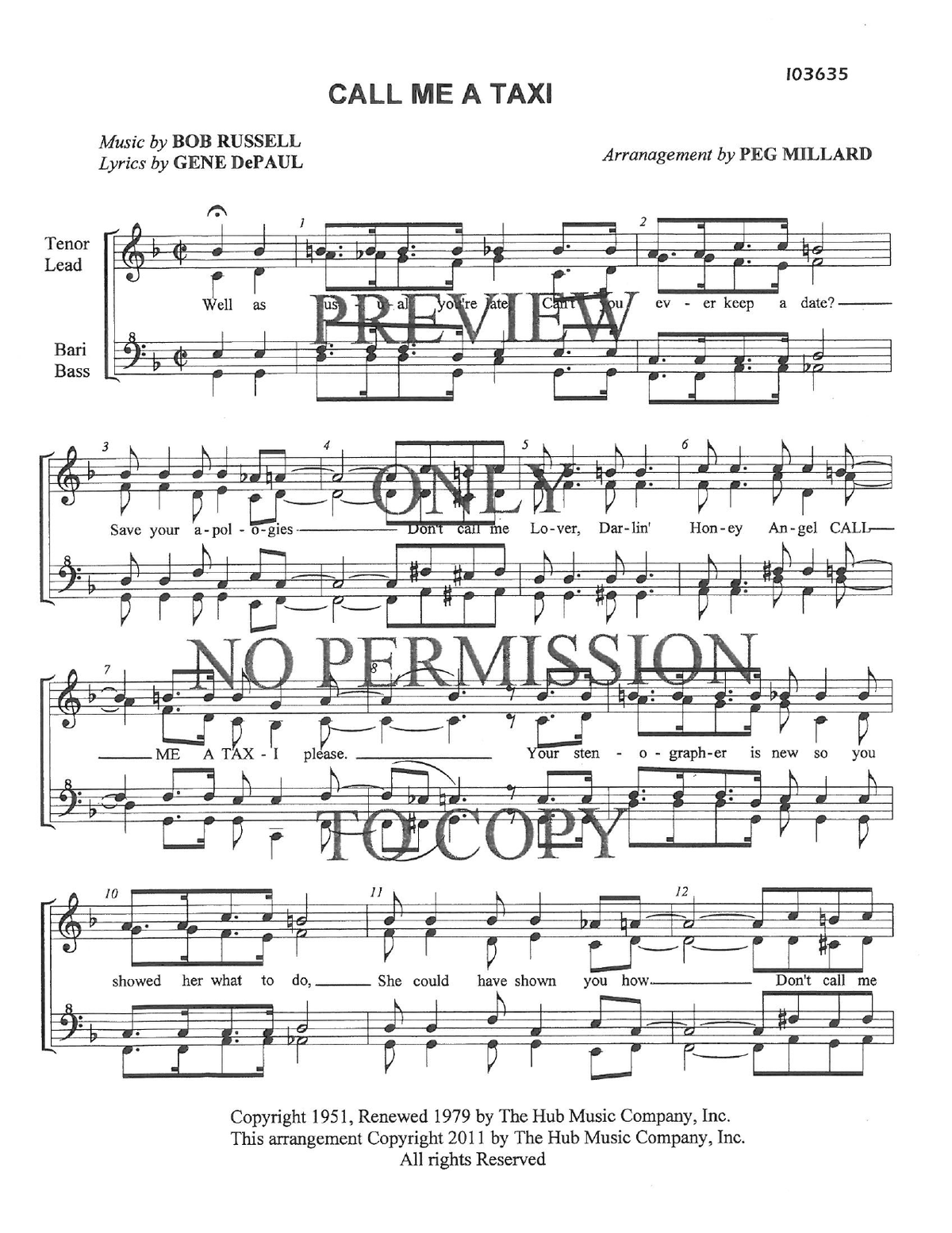 Call Me A Taxi — sheet music preview, arranged by Peg Millard