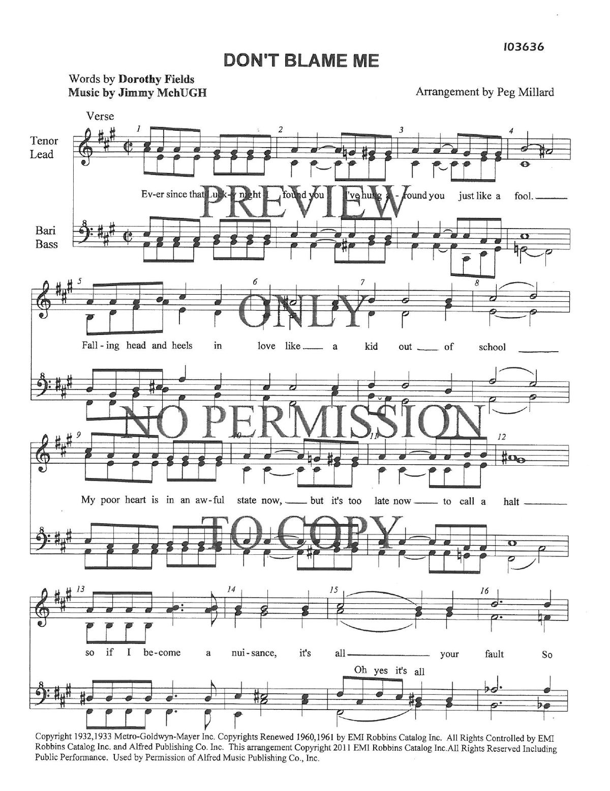 Don't Blame Me — sheet music preview, arranged by Peg Millard