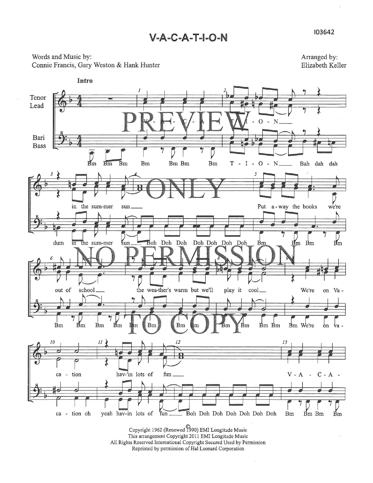 Vacation — sheet music preview, arranged by Elizabeth Keller