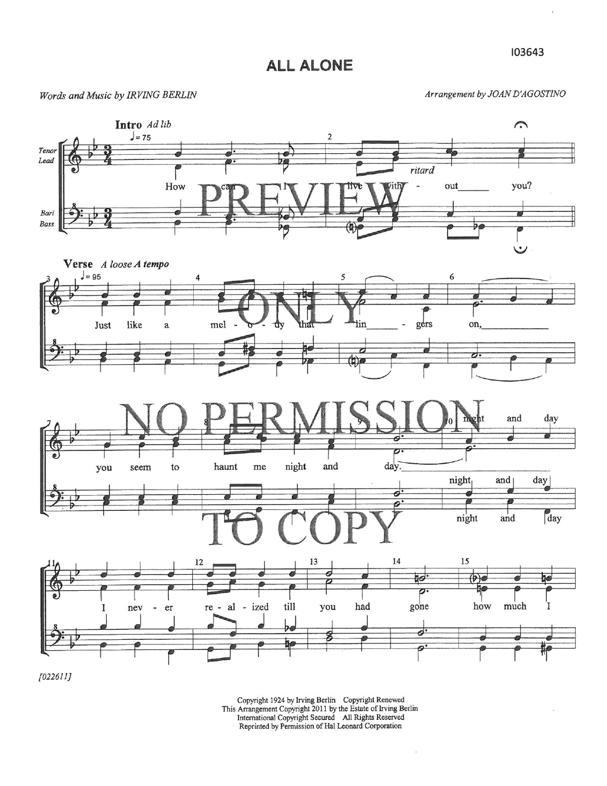 All Alone — sheet music preview, arranged by Joan D 'Agostino