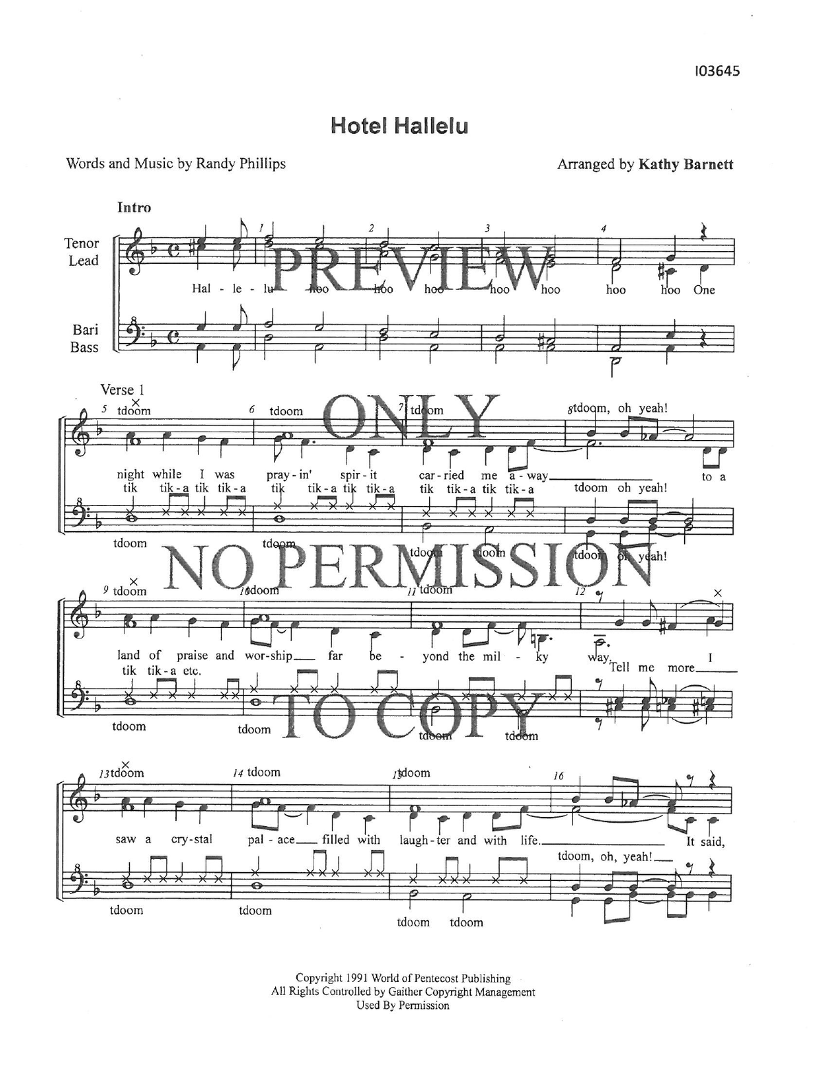 Hotel Hallelu — sheet music preview, arranged by Kathy Barnett