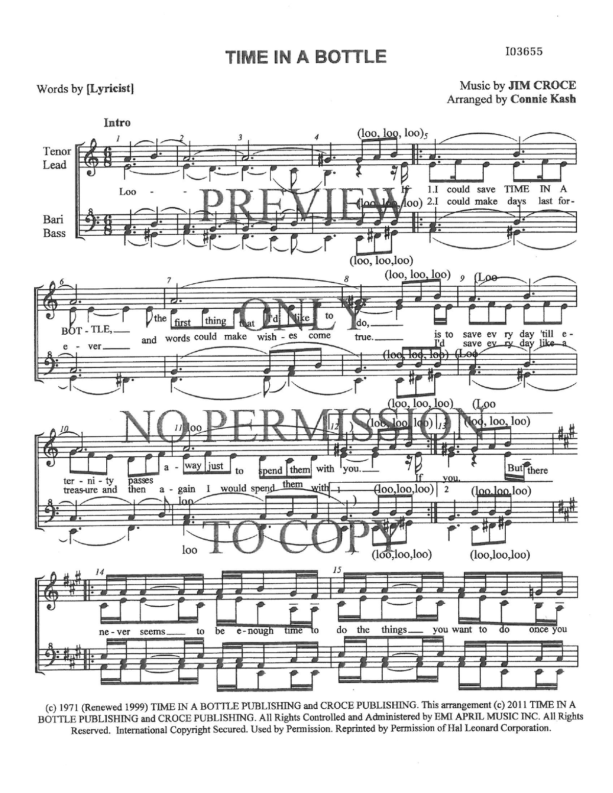 Time In A Bottle — sheet music preview, arranged by Connie Kash