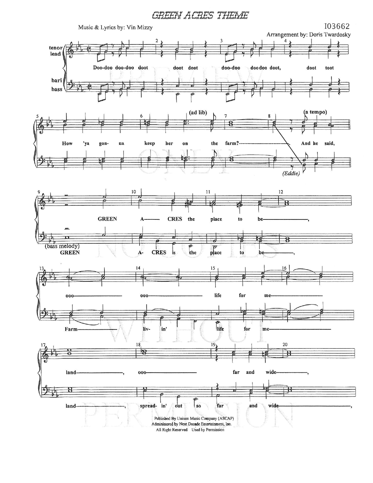 Green Acres Theme — sheet music preview, arranged by Doris Twardosky