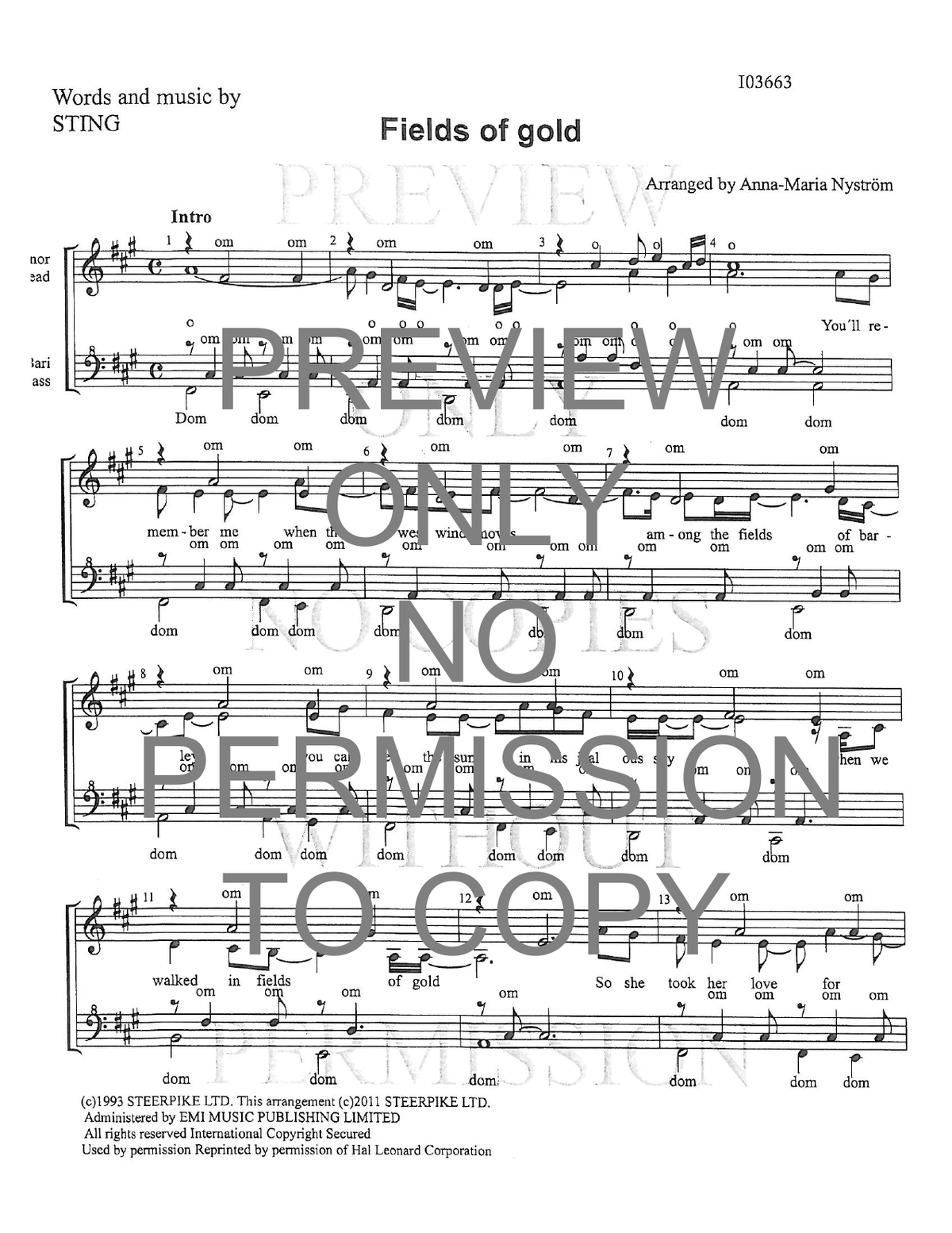 Fields Of Gold — sheet music preview, arranged by Anna-Maria Nystrom