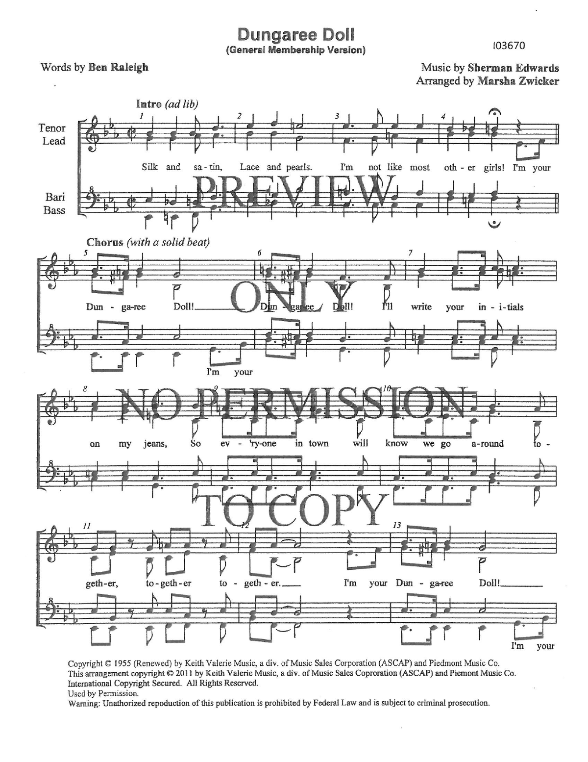 Dungaree Doll — sheet music preview, arranged by Marsha Zwicker