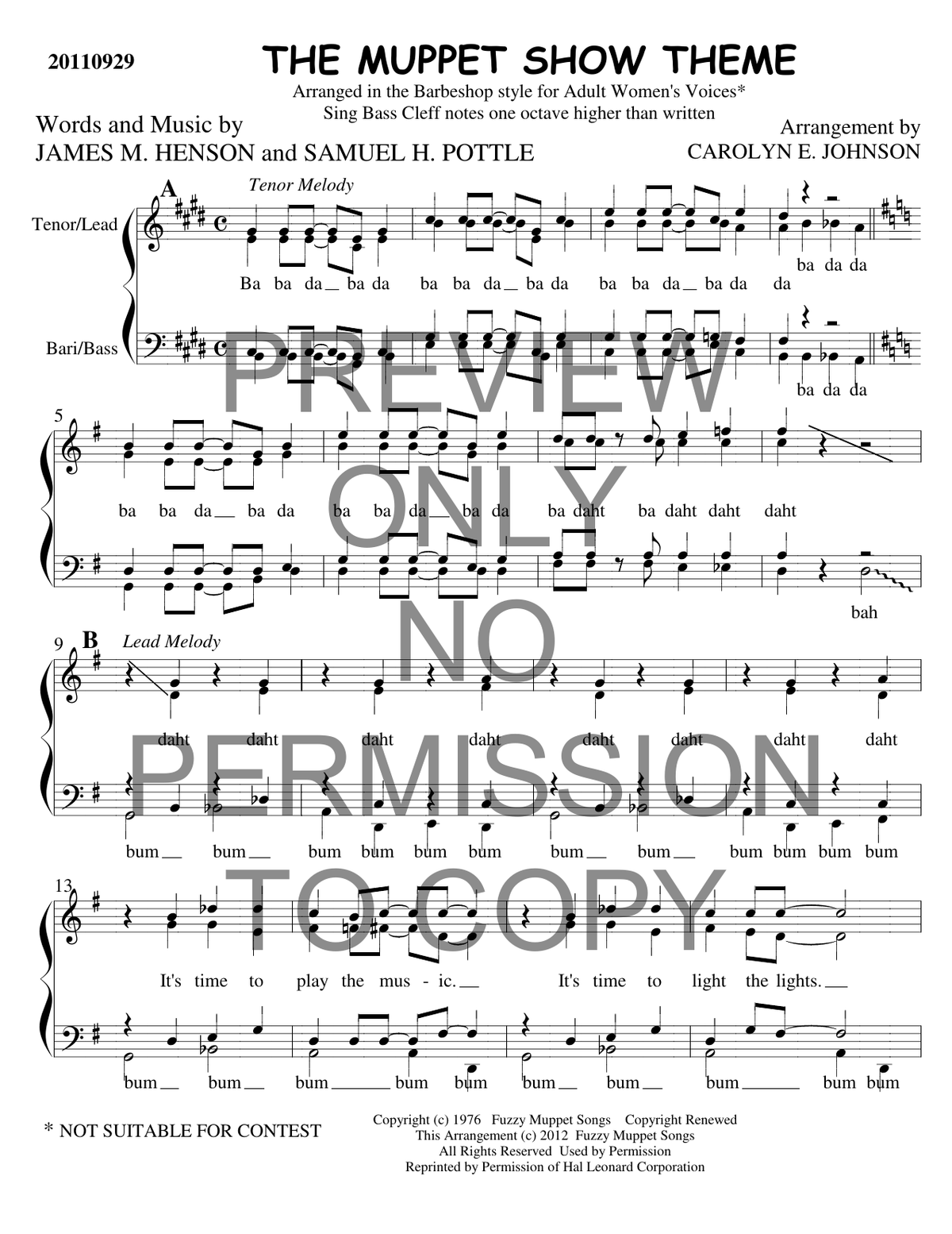 Muppet Show Theme — sheet music preview, arranged by Carolyn Johnson