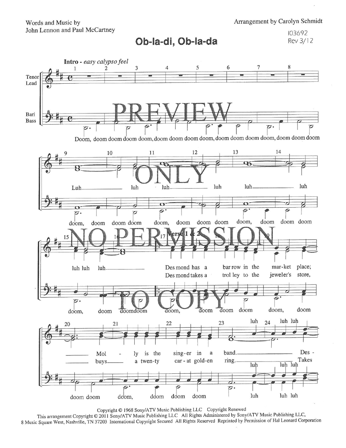 Ob-La-Di, Ob-La-Da — sheet music preview, arranged by Carolyn Schmidt