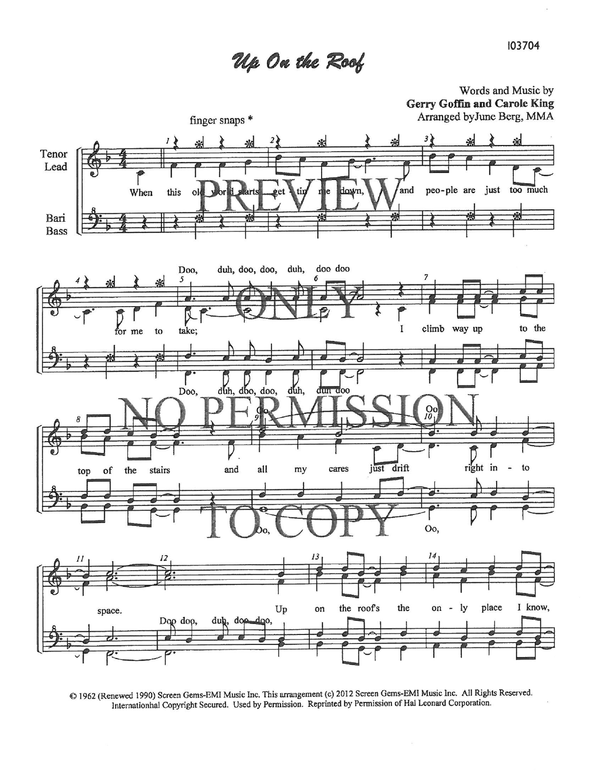 Up On The Roof — sheet music preview, arranged by June Berg