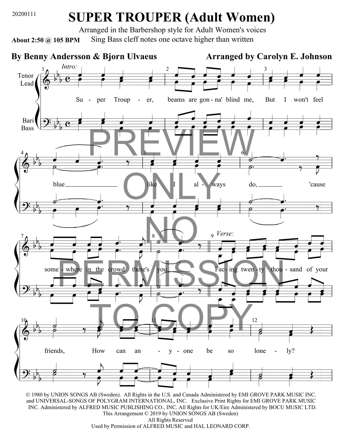 Super Trouper — sheet music preview, arranged by Carolyn Johnson