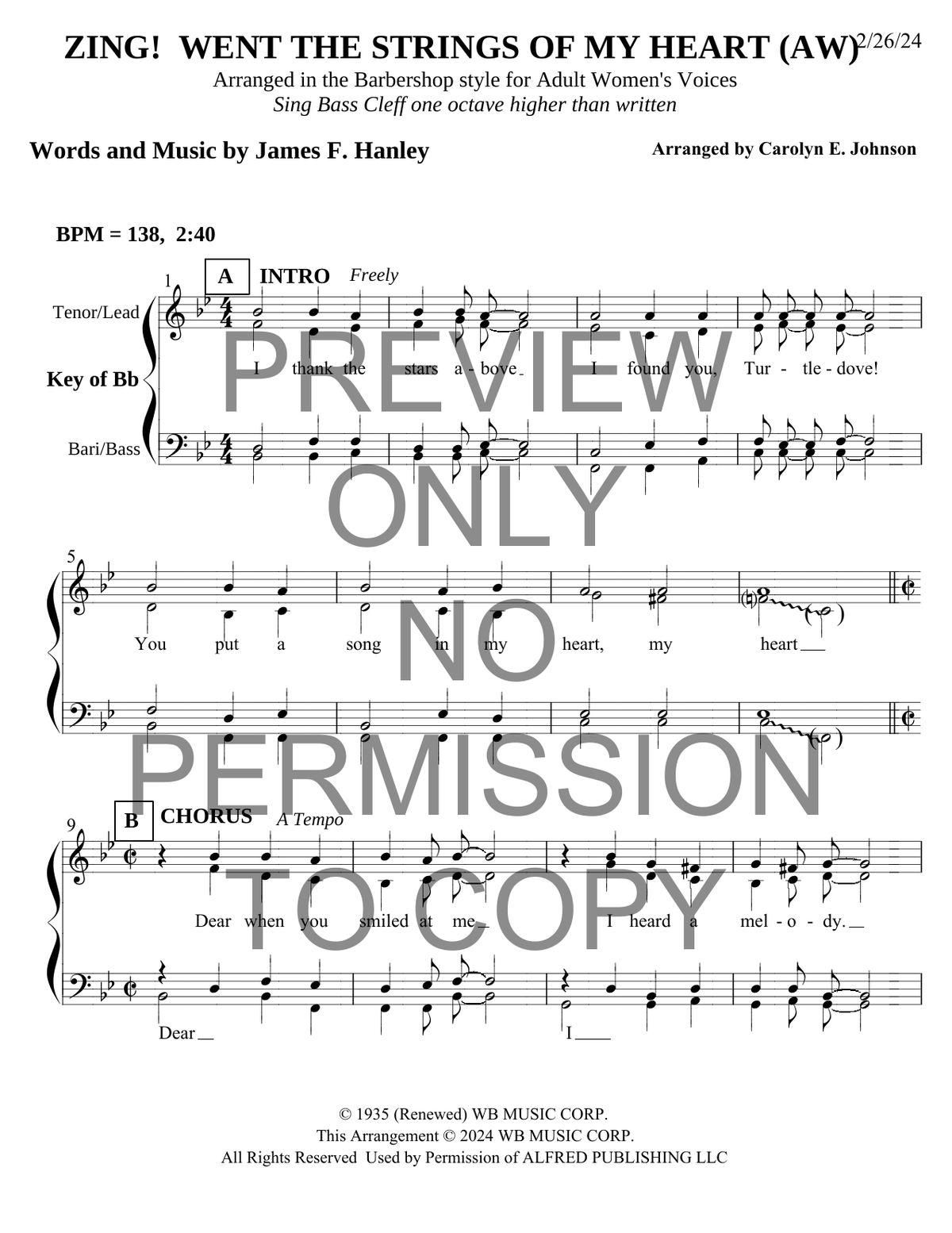Zing Went The Strings Of My Heart — sheet music preview, arranged by Carolyn Johnson