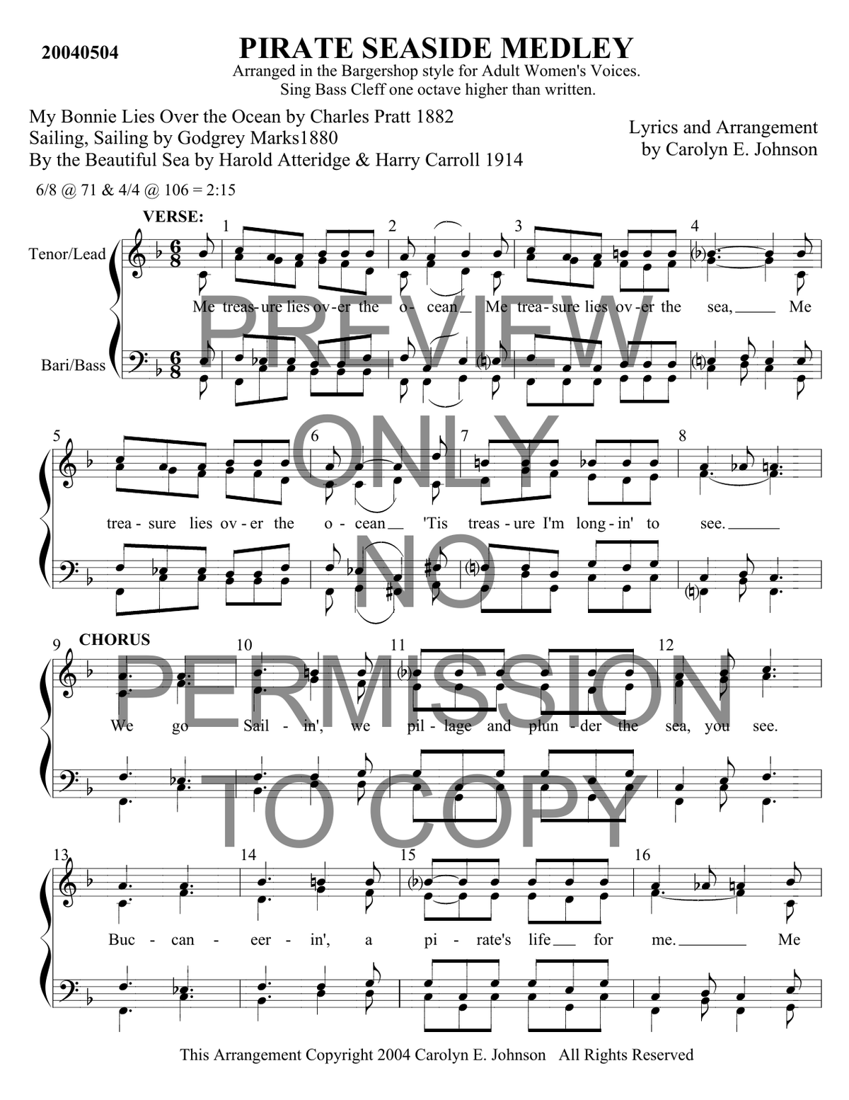 348 Medley - Pirate Seaside Medley/By The Beautiful Sea — sheet music preview, arranged by Carolyn Johnson