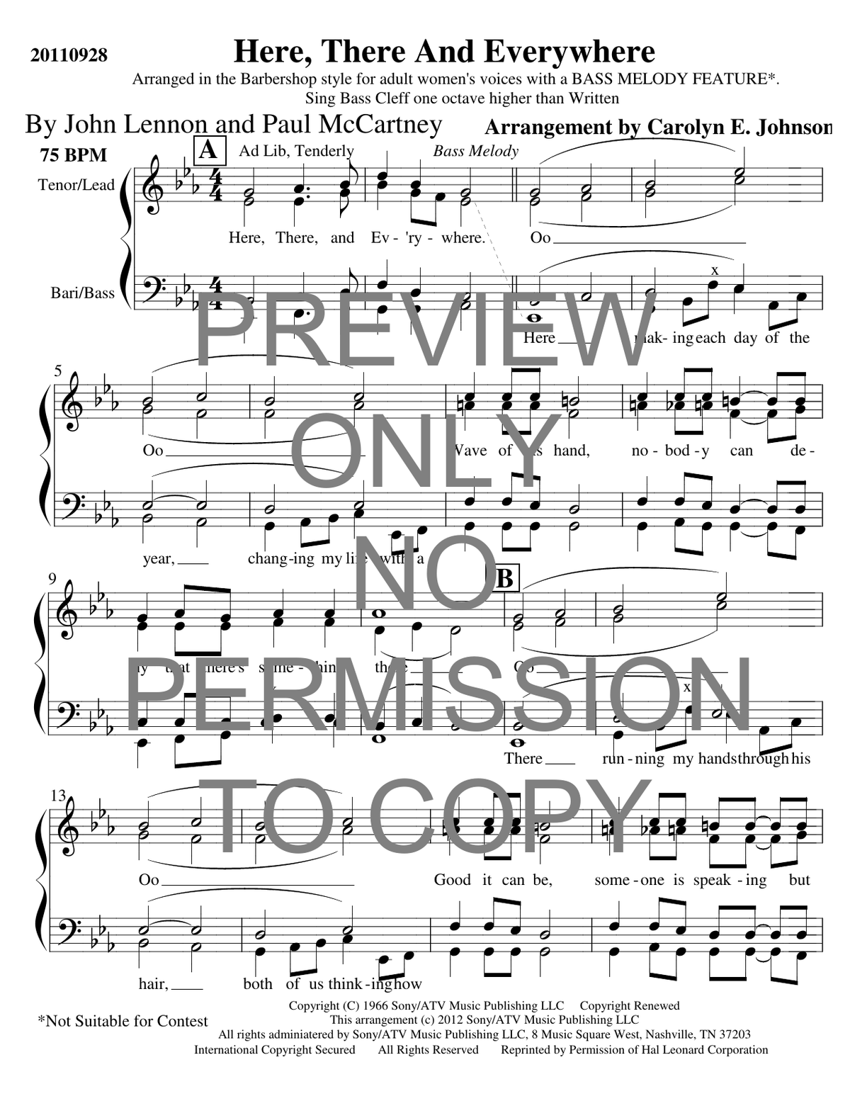 Here, There And Everywhere (Bass) — sheet music preview, arranged by Carolyn Johnson