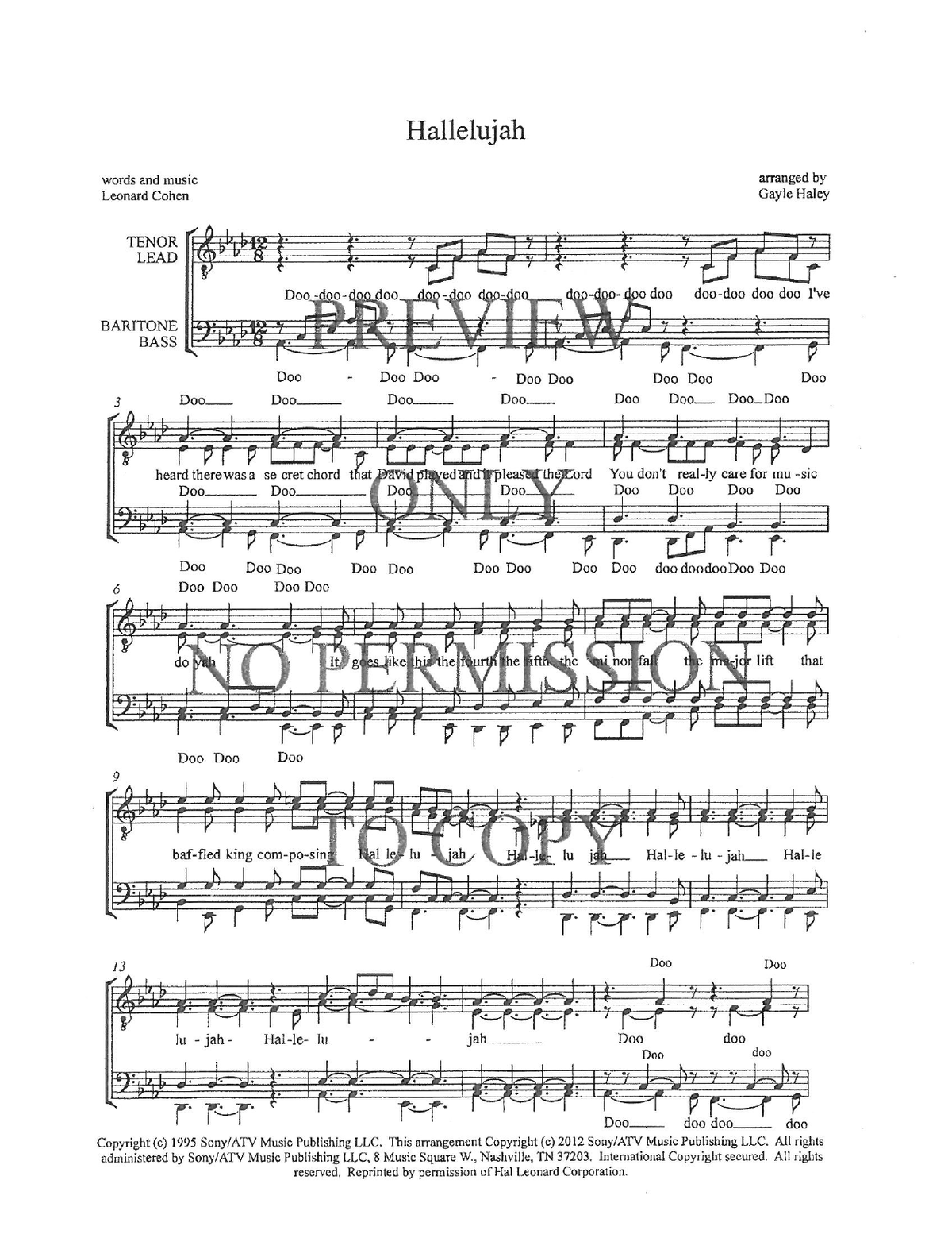 Hallelujah — sheet music preview, arranged by Gayle Haley