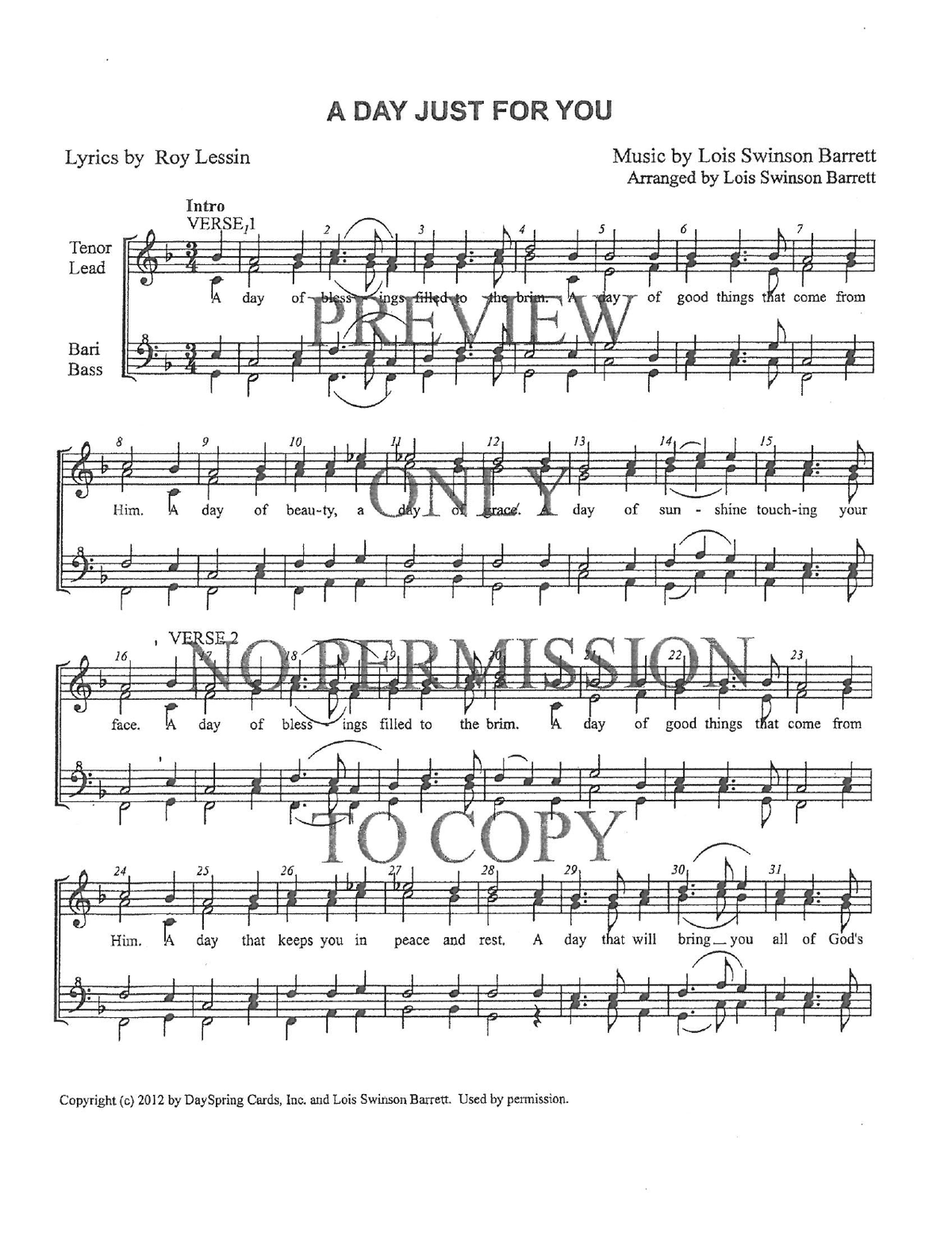 A Day Just For You — sheet music preview, arranged by Lois Barrett